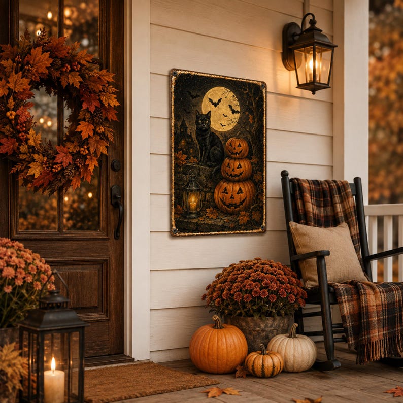 🐈‍⬛🎃 Halloween Black Cat Metal Sign, Pumpkin Moon Wall Decor, Gothic Spooky Porch & Outdoor Halloween Decoration