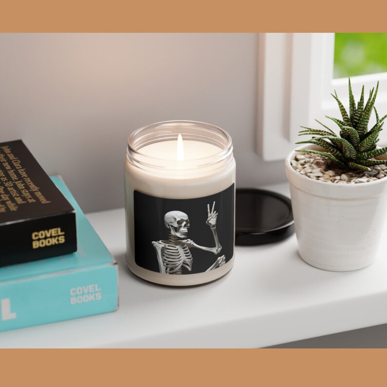 Skeleton Peace Candle | Funny Halloween Scented Soy Wax Candle | Spooky Skeleton Home Decor | Halloween Gift
