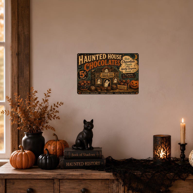 Haunted House Chocolates Tin Sign, Vintage Halloween Metal Sign, Retro Ghost Candy Wall Decor, Spooky Kitchen Wall Art, Halloween Home Decoration