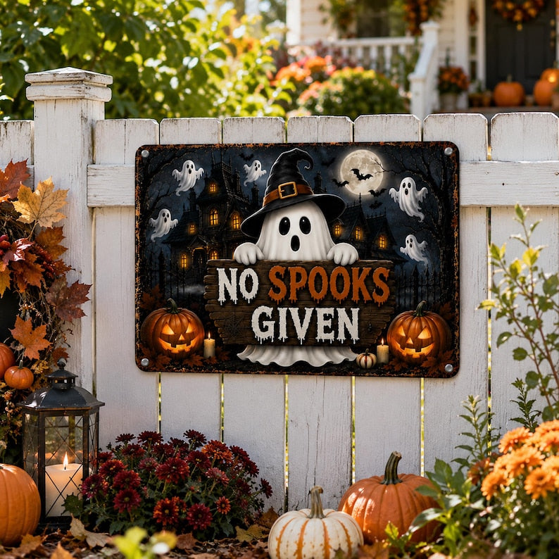 No Spooks Given Metal Sign – Funny Halloween Ghost Wall Decor, Vintage Haunted House Plaque, Spooky Fall Home Decor