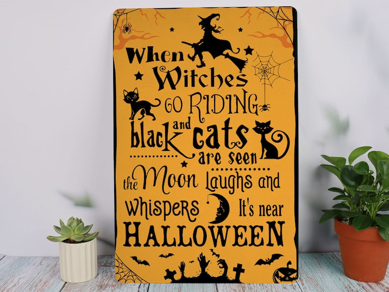 Witch Black Cat Moon Metal Sign, Bewitching Halloween Wall Decor, Witchcraft Gothic Wall Art, Spooky Cat Halloween Sign, Witchy Home & Porch Decor