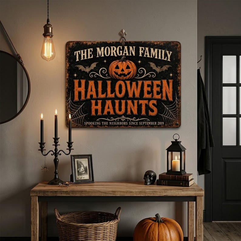 Personalized Halloween Family Name Sign, Custom Spooky Haunts Metal Sign, Halloween Porch Wall Decor, Personalized Outdoor Wall Art, Haunted House Decoration