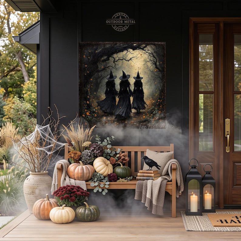 Vintage Witches Halloween Metal Sign – Creepy Forest Decor, Rustic Farmhouse Fall Wall Art, Spooky Autumn Plaque