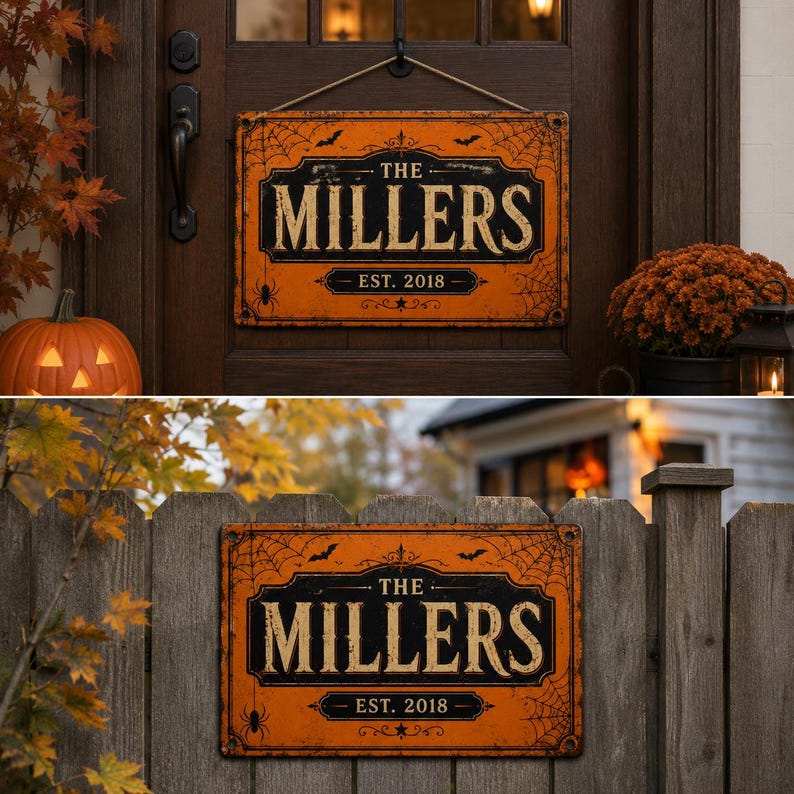 Custom Halloween Metal Sign – Personalized Family Name & Year, Vintage Pumpkin Porch Decor, Spooky Outdoor Housewarming Gift