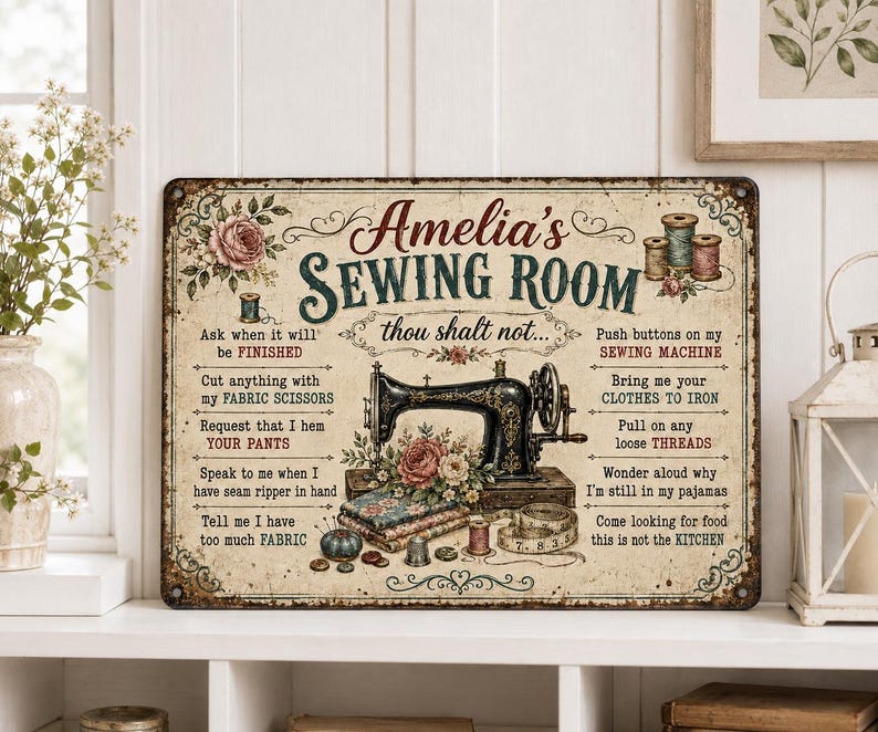 Personalized Sewing Room Thou Shalt Not Metal Sign – Vintage Seamstress Decor, Quilting Rules Wall Art, Retro Tailor Gift