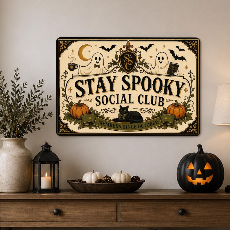 Stay Spooky Social Club Metal Sign, Cute Ghost Halloween Wall Decor, Spooky Season Hanging Sign, Haunted House Porch Decoration, Halloween Gift