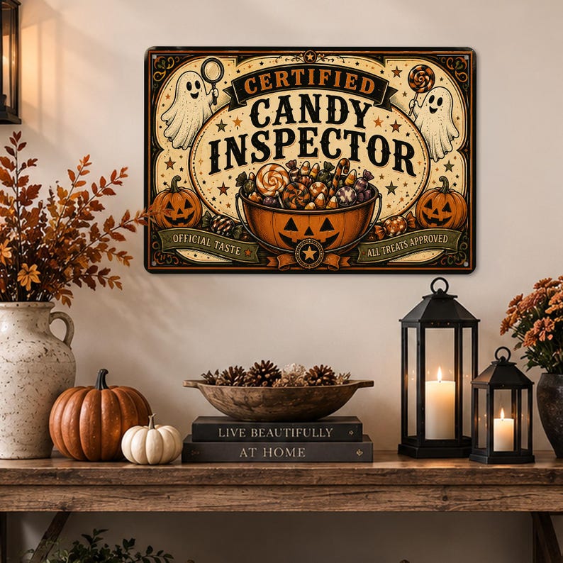 Certified Candy Inspector Metal Sign – Funny Halloween Trick or Treat Decor, Spooky Candy Wall Plaque, Candy Lover Gift