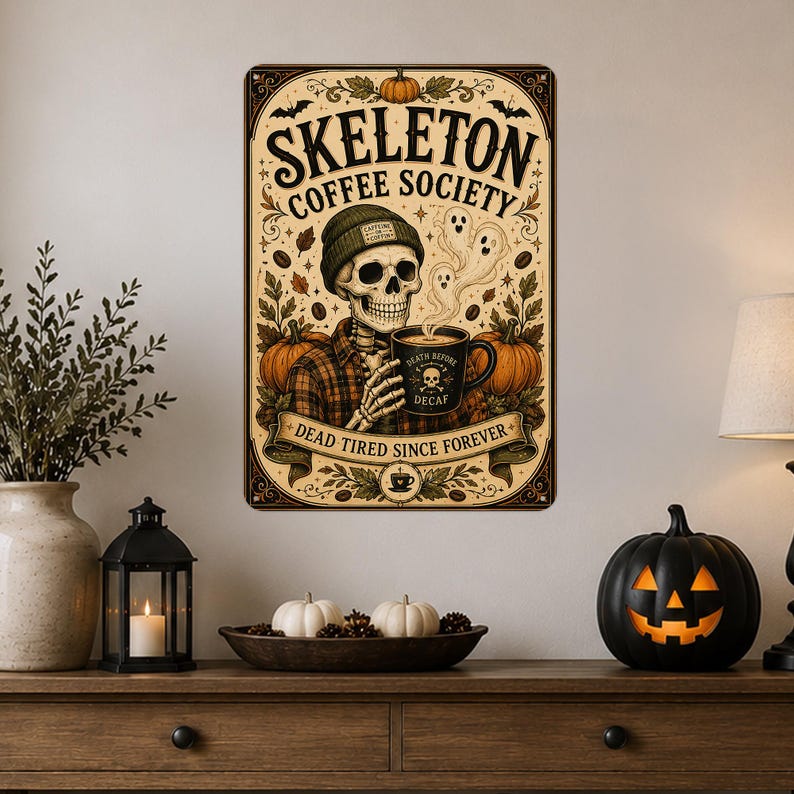 ☕💀 Skeleton Coffee Society Metal Sign, Dead Tired Forever, Halloween Coffee Decor, Spooky Skeleton Wall Sign
