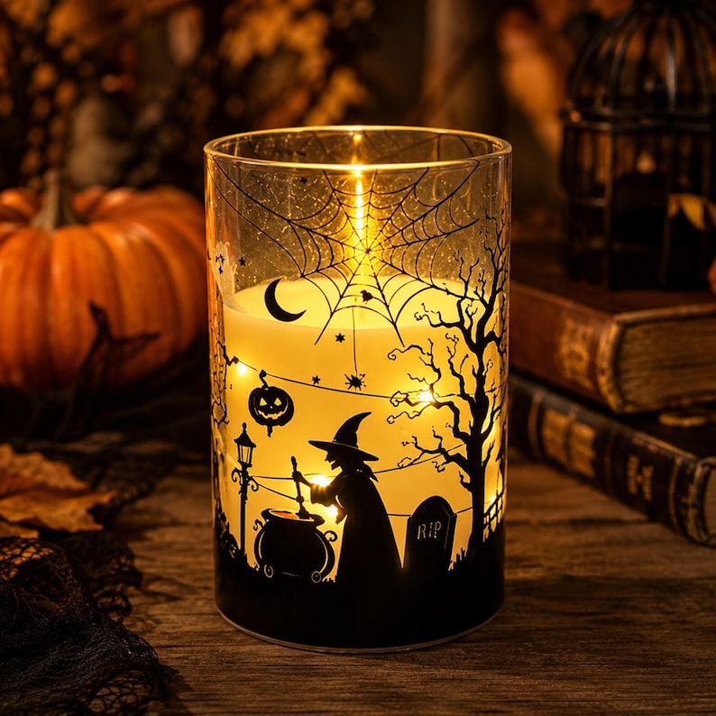 Halloween LED Candle Lantern, Flameless Flickering Candle with Remote & Timer, Spooky Haunted House Decor, Pumpkin Witch Ghost Table Light (Copy)