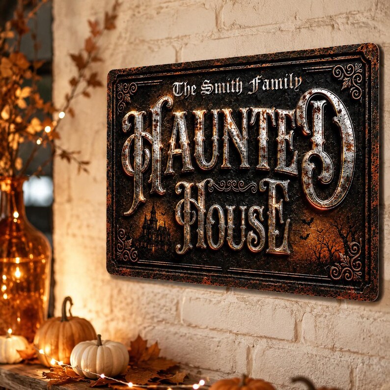 Personalized Haunted House Metal Sign | Custom Family Name Halloween Wall Decor