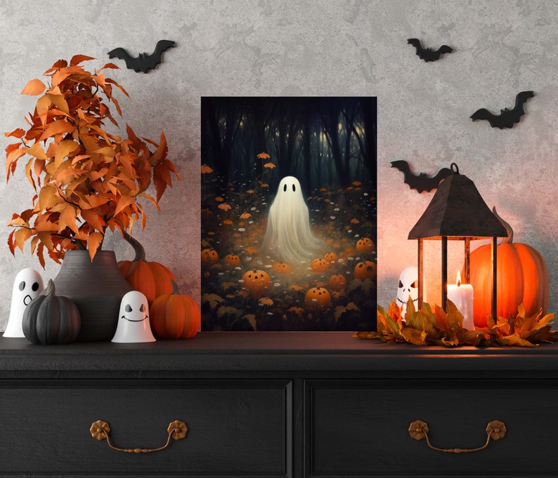 Halloween Ghost Metal Sign, Pumpkin Print Cottagecore Wall Decor, Spooky Fall Farmhouse Sign, Rustic Halloween Home Decoration