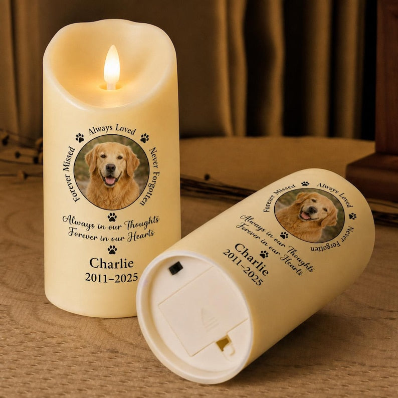 Personalized Pet Memorial LED Candle, Custom Dog Photo Remembrance Gift, Double-Sided Rainbow Bridge Candle, Pet Loss Sympathy Keepsake