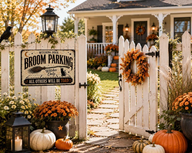 🧙‍♀️ Witch Parking Sign, Halloween Broom Decor, Gothic Farmhouse Metal Sign, Spooky Witch Wall Decor