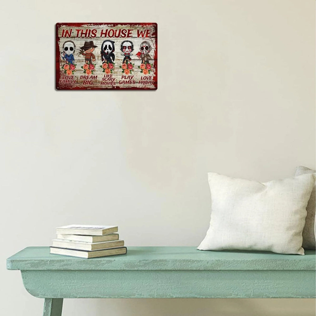 In This House We Halloween Horror Metal Sign, Spooky Family Wall Decor, Gothic Halloween Tin Plaque, Haunted House Decoration, Horror Fan Gift