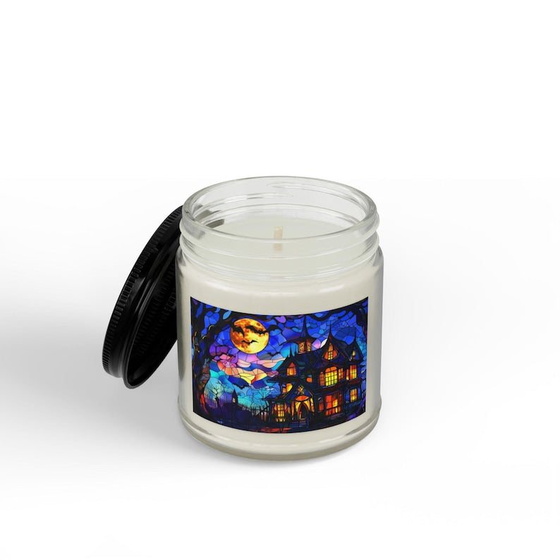 Stained Glass Haunted House Candle, Gothic Halloween Scented Candle, Spooky Haunted House Home Decor, Vintage Fall Gift