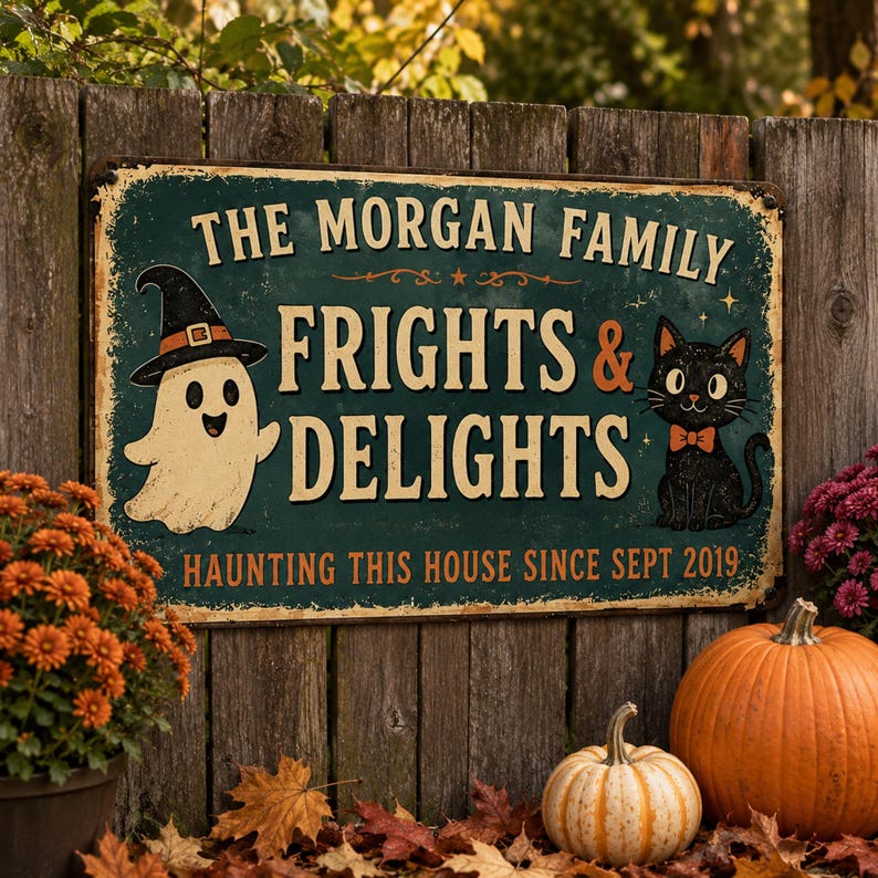 Personalized Frights & Delights Halloween Metal Sign – Custom Family Name, Ghost & Black Cat Decor, Spooky Wall Plaque