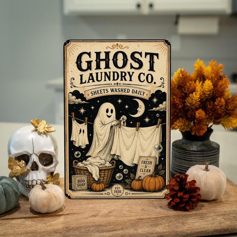 Ghost Laundry Co Metal Sign, Washed Daily Laundry Room Wall Decor, Cute Ghost Halloween Sign, Vintage Spooky Home Decoration