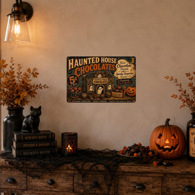 Haunted House Chocolates Tin Sign, Vintage Halloween Metal Sign, Retro Ghost Candy Wall Decor, Spooky Kitchen Wall Art, Halloween Home Decoration