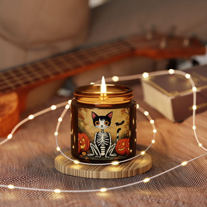Enchanted Cat Skeleton Candle, Natural Soy Wax Halloween Candle, Spooky Cat Lover Decor, Gothic Witchy Candle, Halloween Home Decor, 4oz 9oz Gift