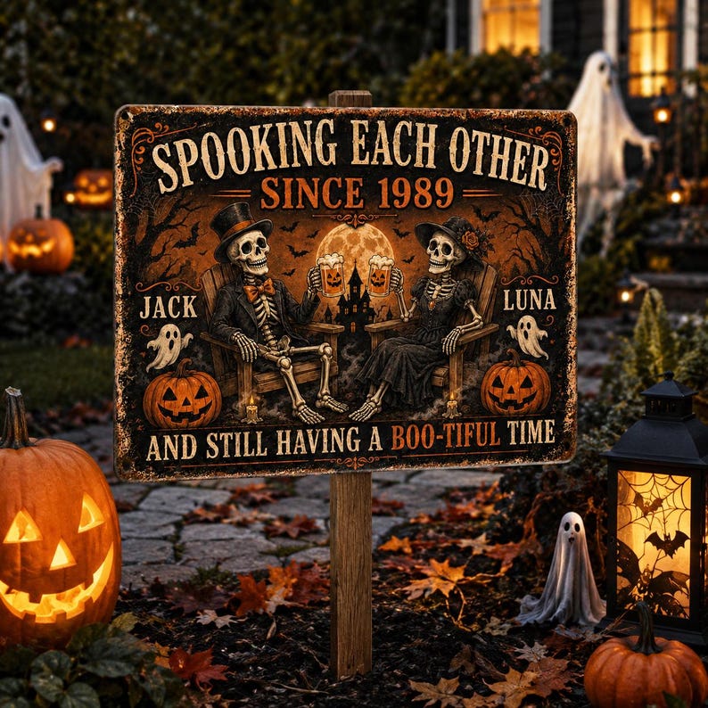Personalized Halloween Skeleton Couple Metal Sign, Custom 2 Names and Year, Spooky Anniversary Yard Sign, Halloween Garden Decor, Couple Gift