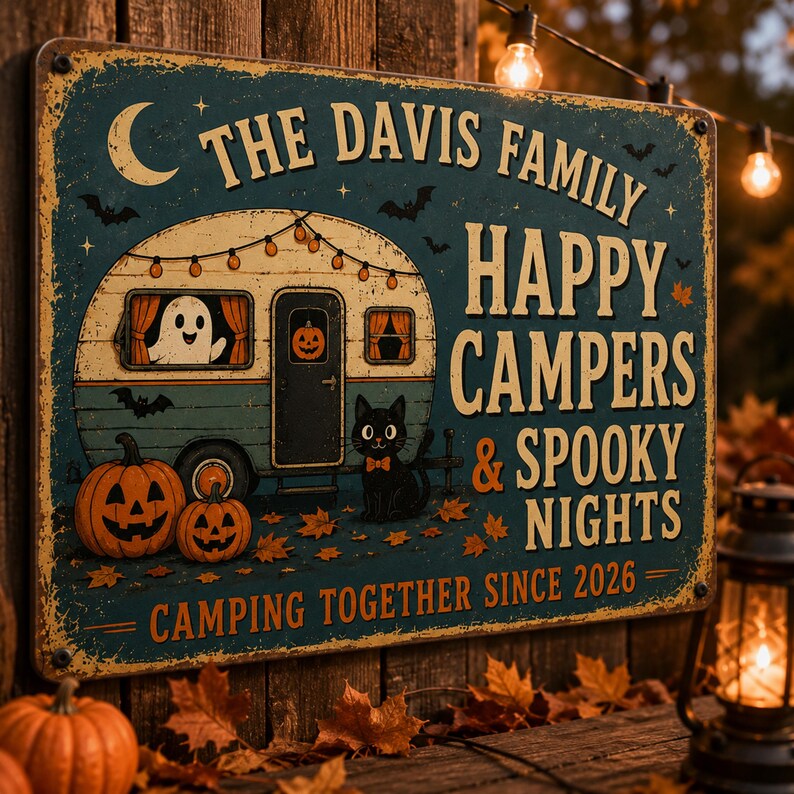 Personalized Halloween Family Metal Sign – Happy Campers Spooky Nights, Custom Family Name Decor, Funny Fall Wall Art