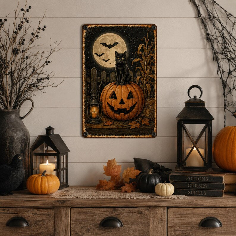 Halloween Black Cat Metal Sign – Vintage Pumpkin Wall Decor, Spooky Moon & Bat Porch Decor, Fall Outdoor Plaque (Copy)