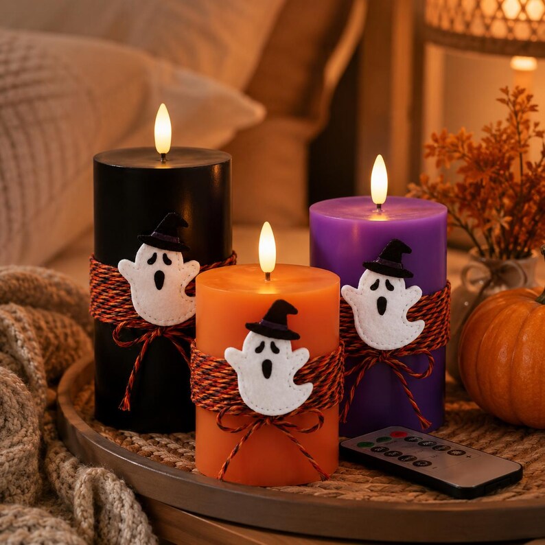 Halloween LED Candle , Ghost Flameless Candles with Remote, Black Orange Purple Paraffin Wax Pillar Candles, Spooky Decor