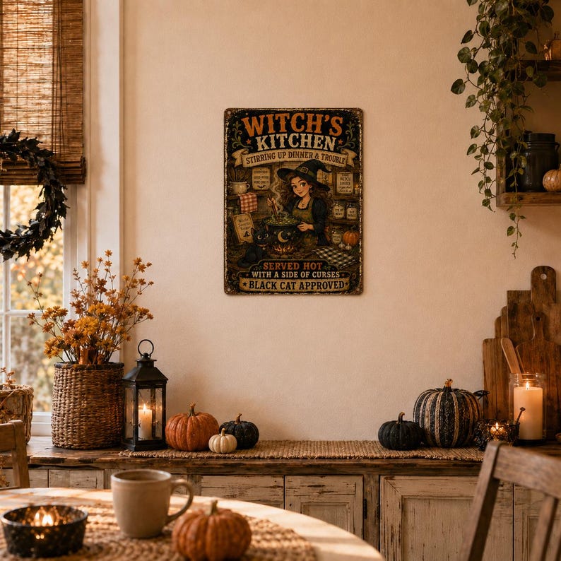 🧙‍♀️ Funny Witch Kitchen Metal Sign, Vintage Halloween Wall Decor, Black Cat Art, Spooky Kitchen Sign