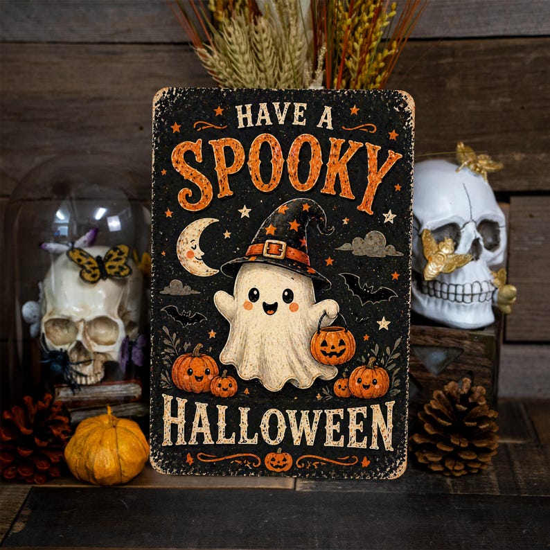Have a Spooky Halloween Metal Sign – Cute Ghost Wall Decor, Funny Trick or Treat Plaque, Spooky Fall Home Decoration
