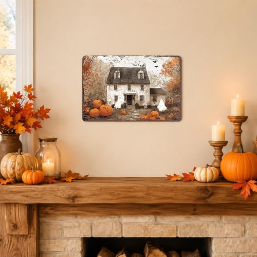 Farmhouse Halloween Metal Sign, Halloween Ghost Wall Decor, Rustic Spooky Home Decoration, Vintage Fall Halloween Sign