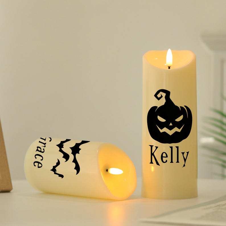 Personalized Halloween LED Candle, Bat and Pumpkin Name Candle, Flameless Spooky Decor,Custom Halloween Gift, Autumn Decor, Party Decoration