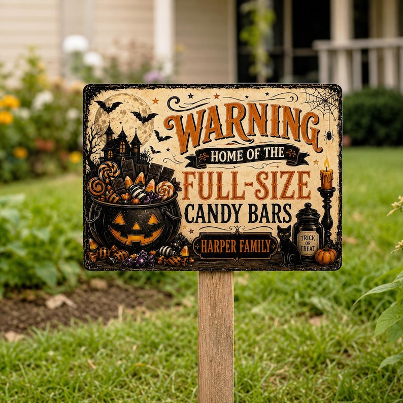 Personalized Halloween Metal Sign, Custom Trick or Treat Porch Sign, Halloween Candy Bar Decor, Personalized Garden Yard Wall Sign, Spooky Outdoor Halloween Decoration