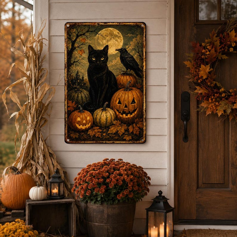 🌙 Moonlit Feline & Crow Metal Plaque, Rustic Autumn Jack O' Lantern Decor, Halloween Cat Wall Sign