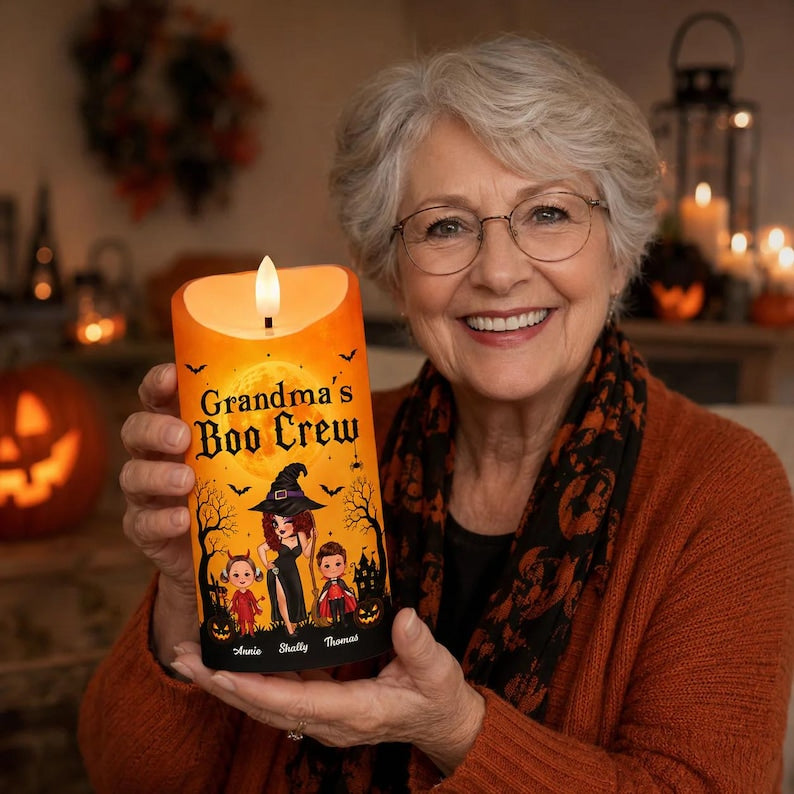 Personalized Grandma Boo Crew LED Candle , Grandkids Name Ghost Halloween Flameless Decor Gift