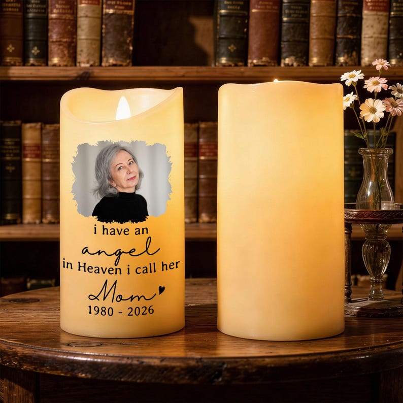 Personalized Mom Memorial LED Candle, Custom In Loving Memory Candle for Loss of Mother, Remembrance Photo Candle, Sympathy Gift, Memorial Keepsake
