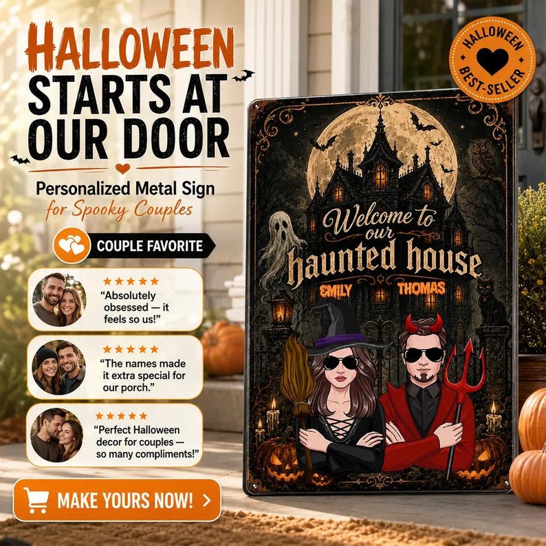 Custom Halloween Haunted House Sign, Personalized Welcome Halloween Metal Sign, Couple Halloween Yard Decor, Spooky Porch Wall Art, Halloween Gift