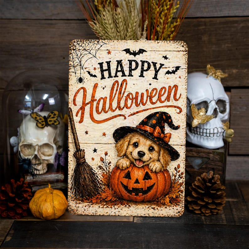 🐶🎃 Happy Halloween Metal Sign, Cute Puppy Halloween Decor, Dog Pumpkin Wall Sign, Spooky Cute Pet Lover Decor