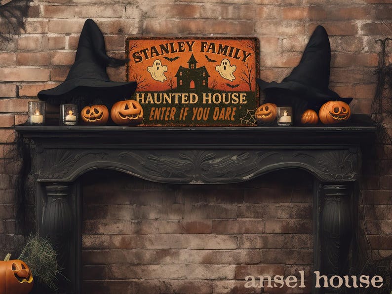 Custom Halloween Haunted House Metal Sign – Personalized Rustic Spooky Decor, Primitive Halloween Porch & Front Door Plaque