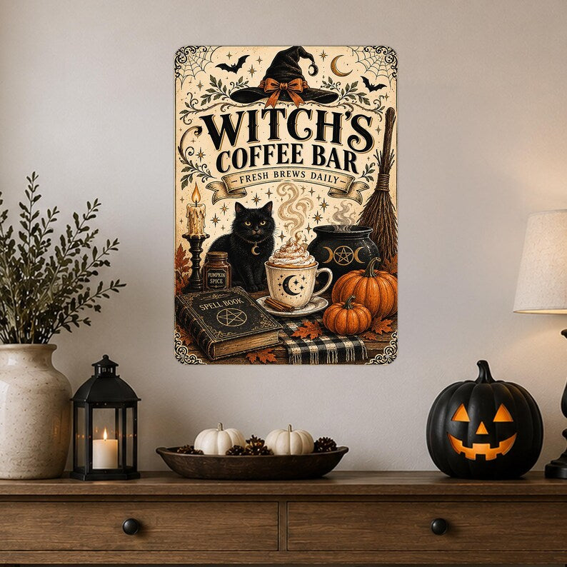 Witch’s Coffee Bar Metal Sign – Fresh Brews Daily, Funny Halloween Coffee Decor, Spooky Witchy Wall Plaque