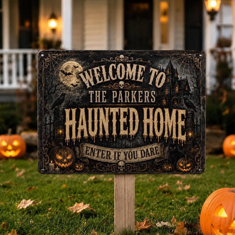 Personalized Welcome to Our Haunted Home Metal Sign – Custom Family Name Halloween Decor, Spooky Outdoor Wall Plaque