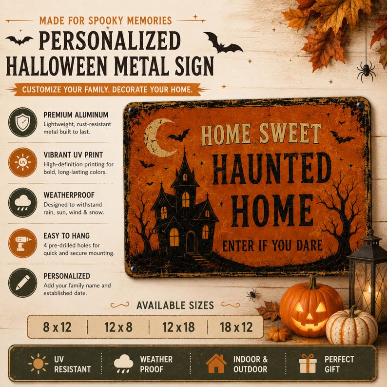 Vintage Halloween Metal Sign – Haunted House Porch Decor, Spooky Wall Plaque, Rustic Fall Home & Outdoor Decoration