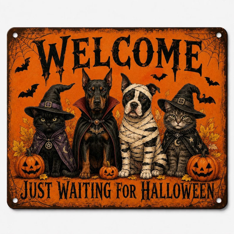 Halloween Pet Welcome Sign, Dog and Cat Halloween Metal Wall Decor, Spooky Farmhouse Porch Sign, Halloween Front Door Decoration, Pet Lover Gift