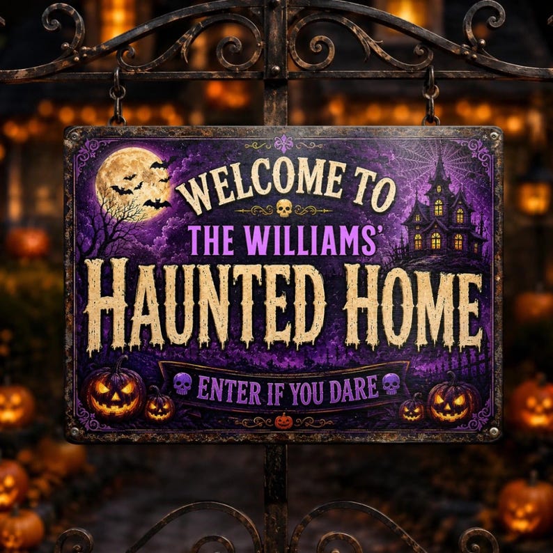 Personalized Welcome to Our Haunted Home Metal Sign – Custom Family Name Halloween Decor, Spooky Season Wall Art