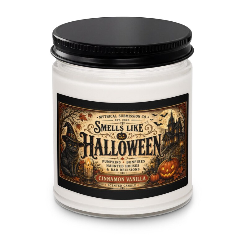 🎃 Halloween Candle, Cinnamon Vanilla Scent, Haunted House Decor, Black Cat Spooky Candle 🐈‍⬛🕯️