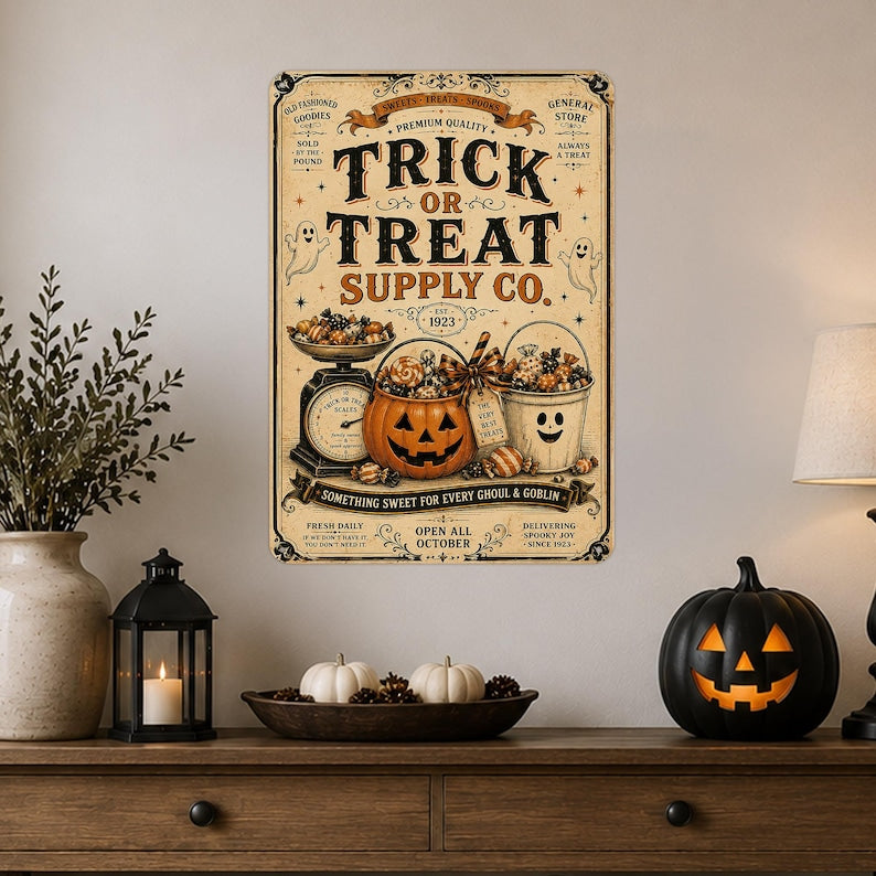 Trick or Treat Supply Co Metal Sign, Vintage Halloween Candy Shop Decor, Cute Pumpkin Ghost Wall Sign, Spooky Porch Decoration, Halloween Gift