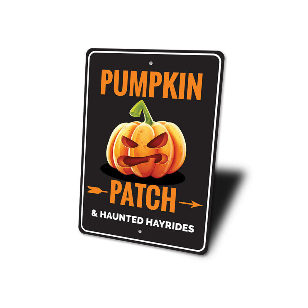Pumpkin Patch Haunted Hayrides Metal Sign, Angry Pumpkin Halloween Wall Decor, Vintage Spooky Farm Sign, Fall Porch Decor, Haunted Attraction Gift