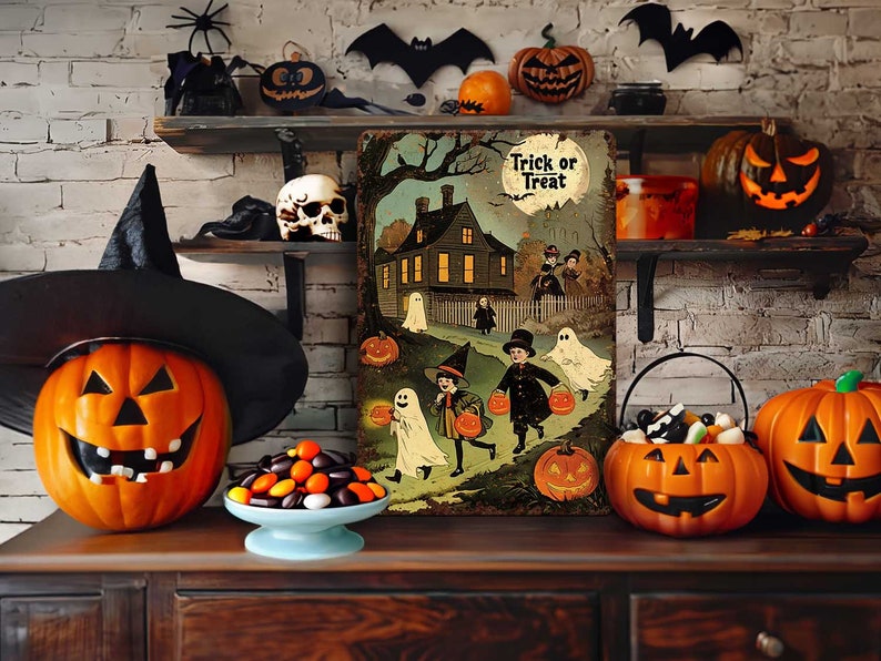 🎃 Primitive Rustic Halloween Metal Sign, Trick or Treat Kids Decor, Antique Distressed Front Door & Patio Sign (Copy)