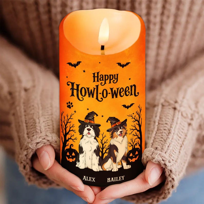 🐶🎃 Custom Happy Howl-o-ween Halloween Dog LED Candle 🕯️👻