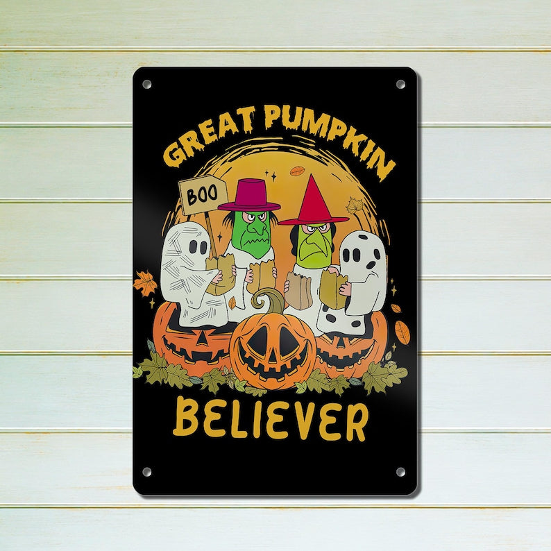 Great Pumpkin Believer Metal Sign, Retro Halloween Wall Decor, Vintage Trick or Treat Sign, Ghost Witch Jack O Lantern Halloween Decoration