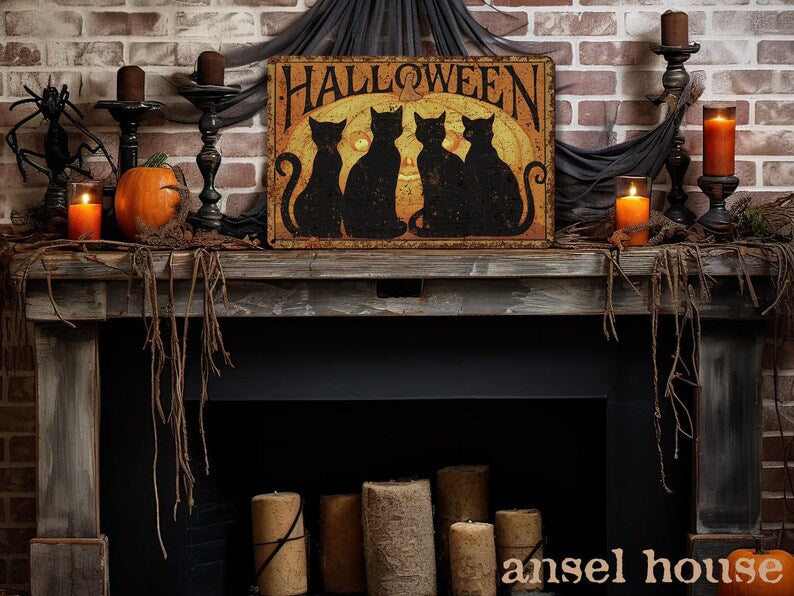 Primitive Halloween Metal Sign | 4 Black Cats & Pumpkin Rustic Outdoor Door Decor